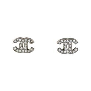 Chanel Silver-tone Strass Interlocking CC Stud Earrings